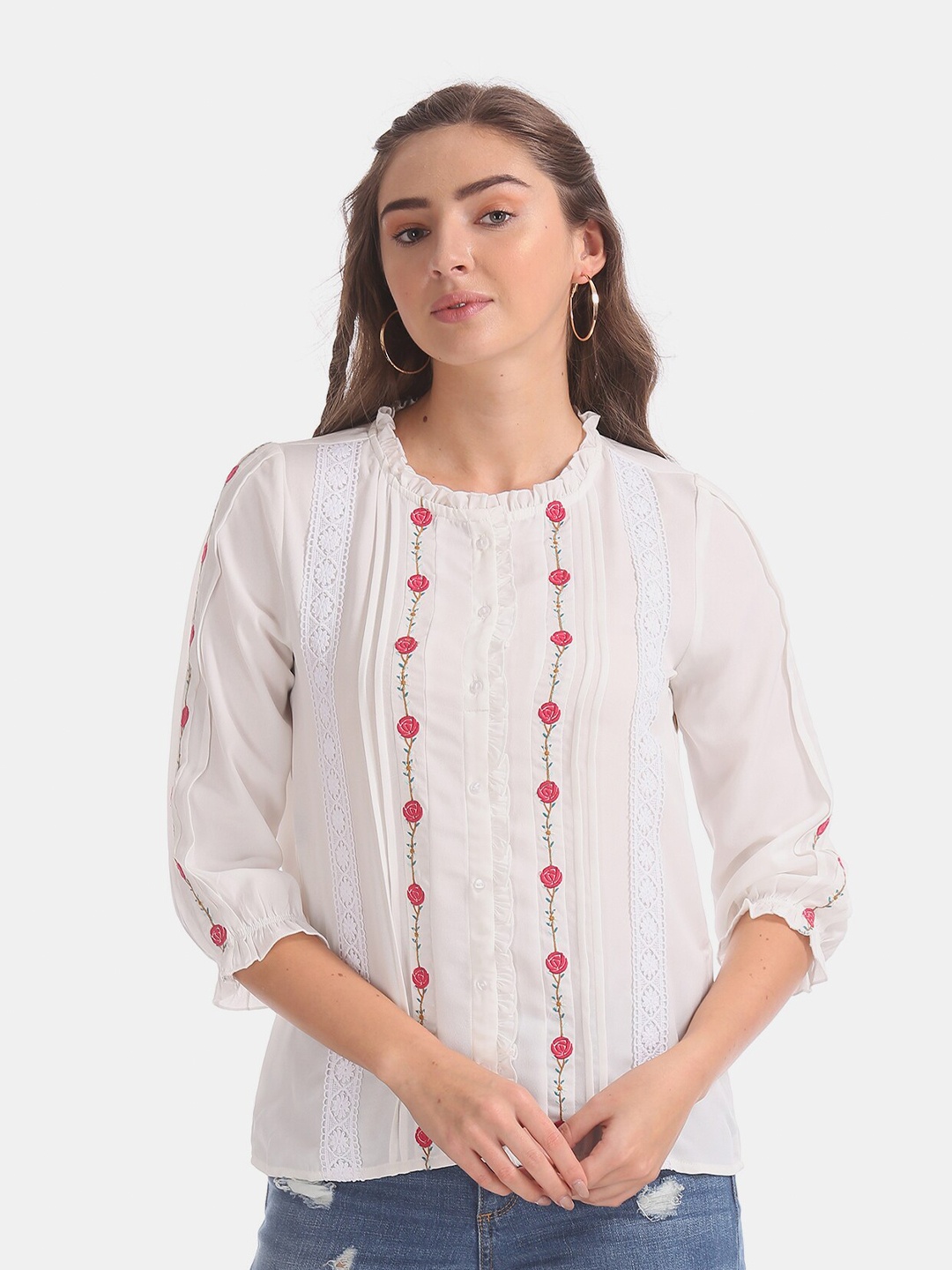 

Cherokee White Floral Embroidered Regular Top