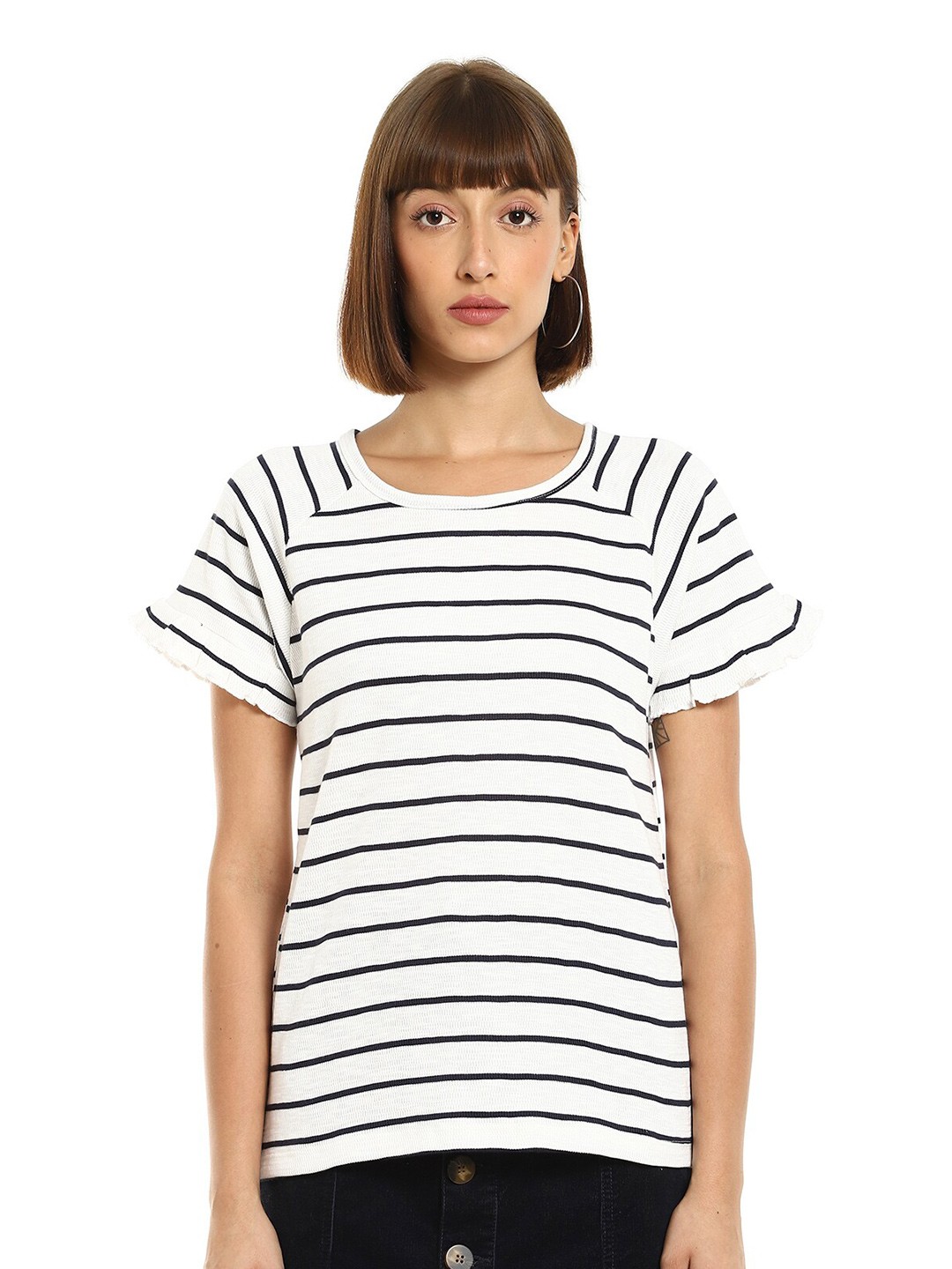 

Cherokee Navy Blue & White Striped Cotton Regular Top