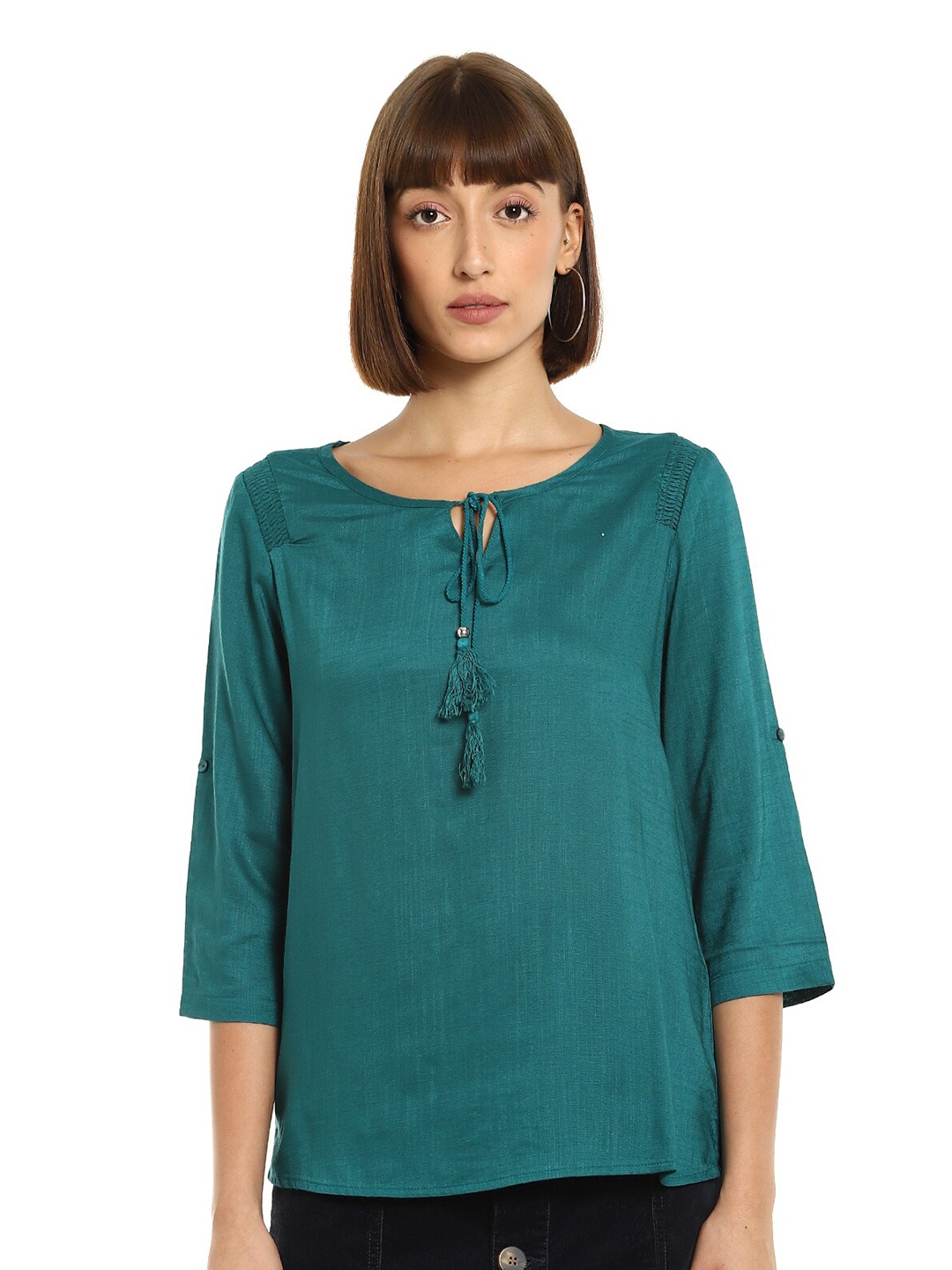 

Cherokee Women Teal Green Tie-Up Neck Regular Top