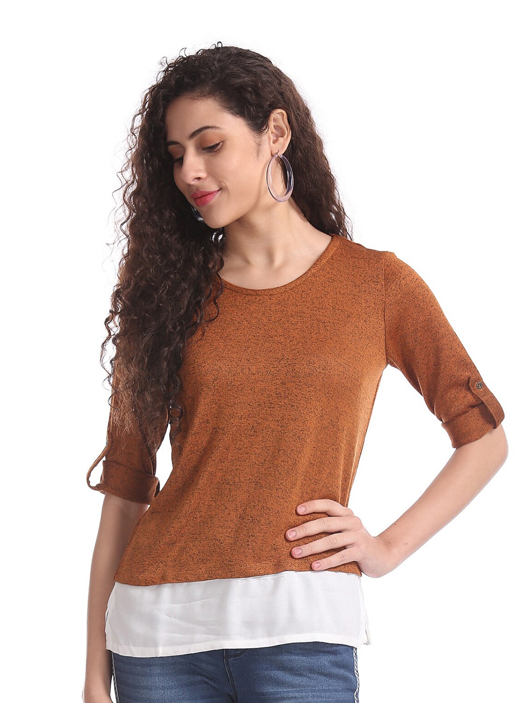 

Cherokee Brown & White Roll-Up Sleeves Top