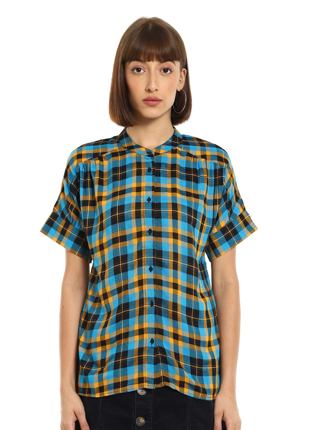 

Cherokee Blue Checked Extended Sleeves Shirt Style Crop Top