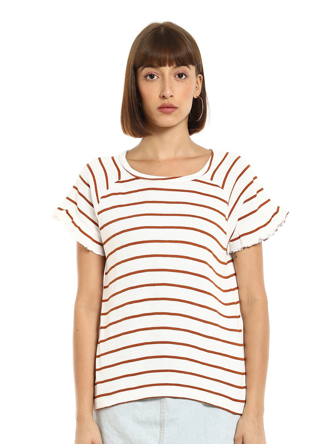 

Cherokee Cream-Coloured & Brown Striped Extended Sleeves Regular Top