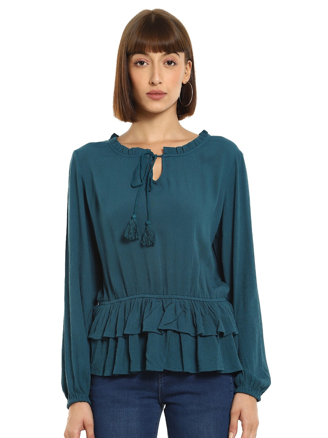 

Cherokee Green Tie-Up Neck Peplum Top