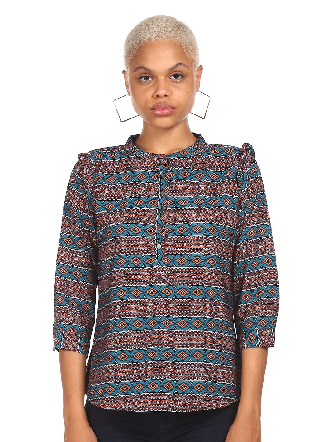 

Cherokee Multicoloured Geometric Mandarin Collar Regular Top, Multi