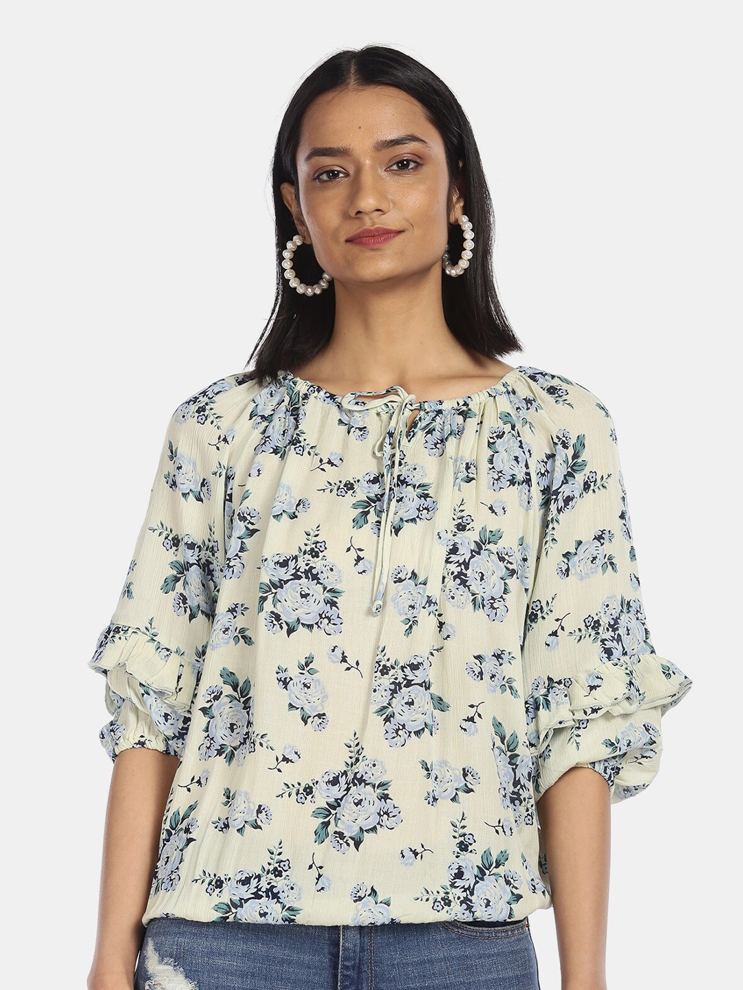 

Cherokee White & Blue Floral Tie-Up Neck Blouson Top