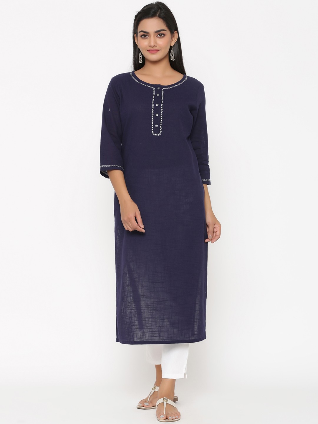 

Fusion Threads Women Navy Blue Regular Pure Cotton Kurta with Trousers