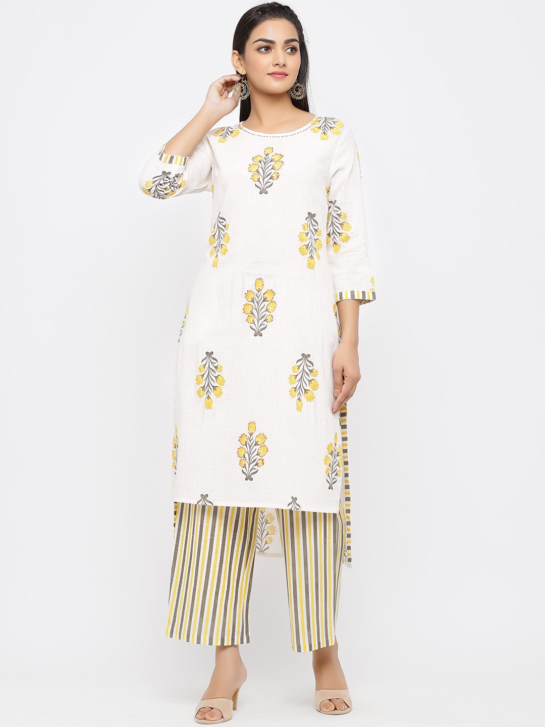 

Fusion Threads Women Off White & Yellow Printed Pure Cotton Kurta with Trousers