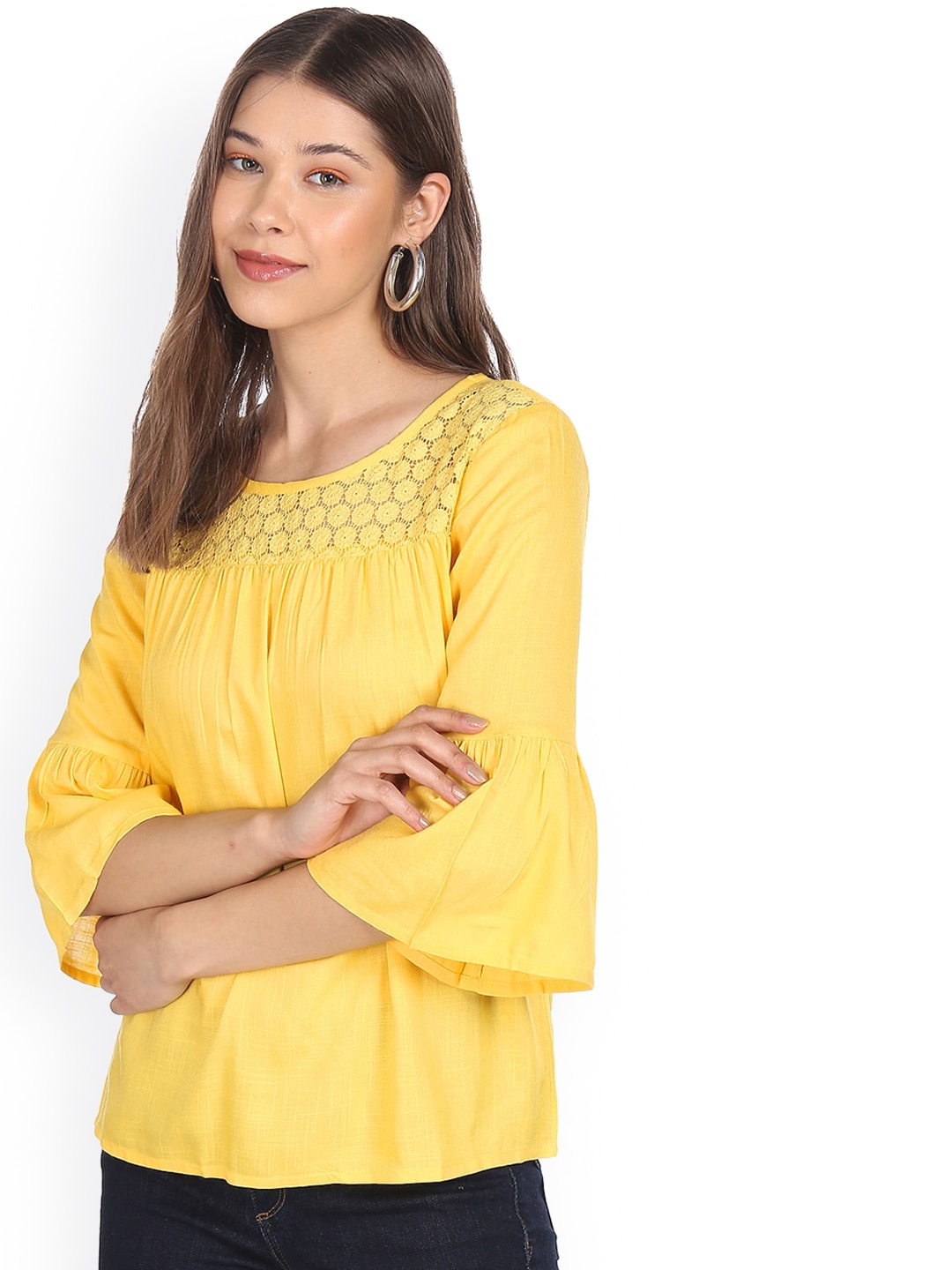 

Sugr Yellow Lace Panel Bell Sleeve Top