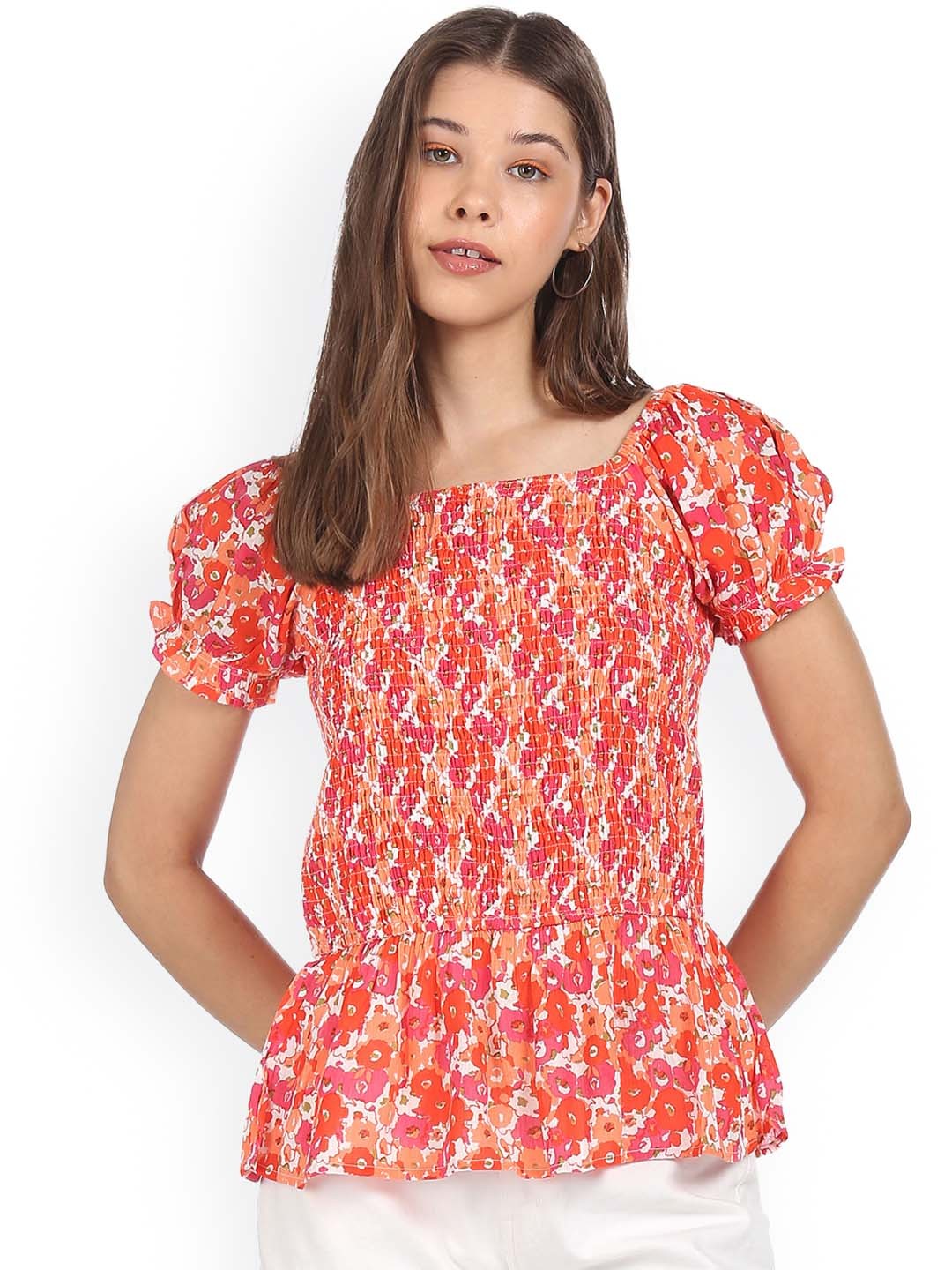 

Sugr White & Orange Sqaure Neck Printed Casual Top