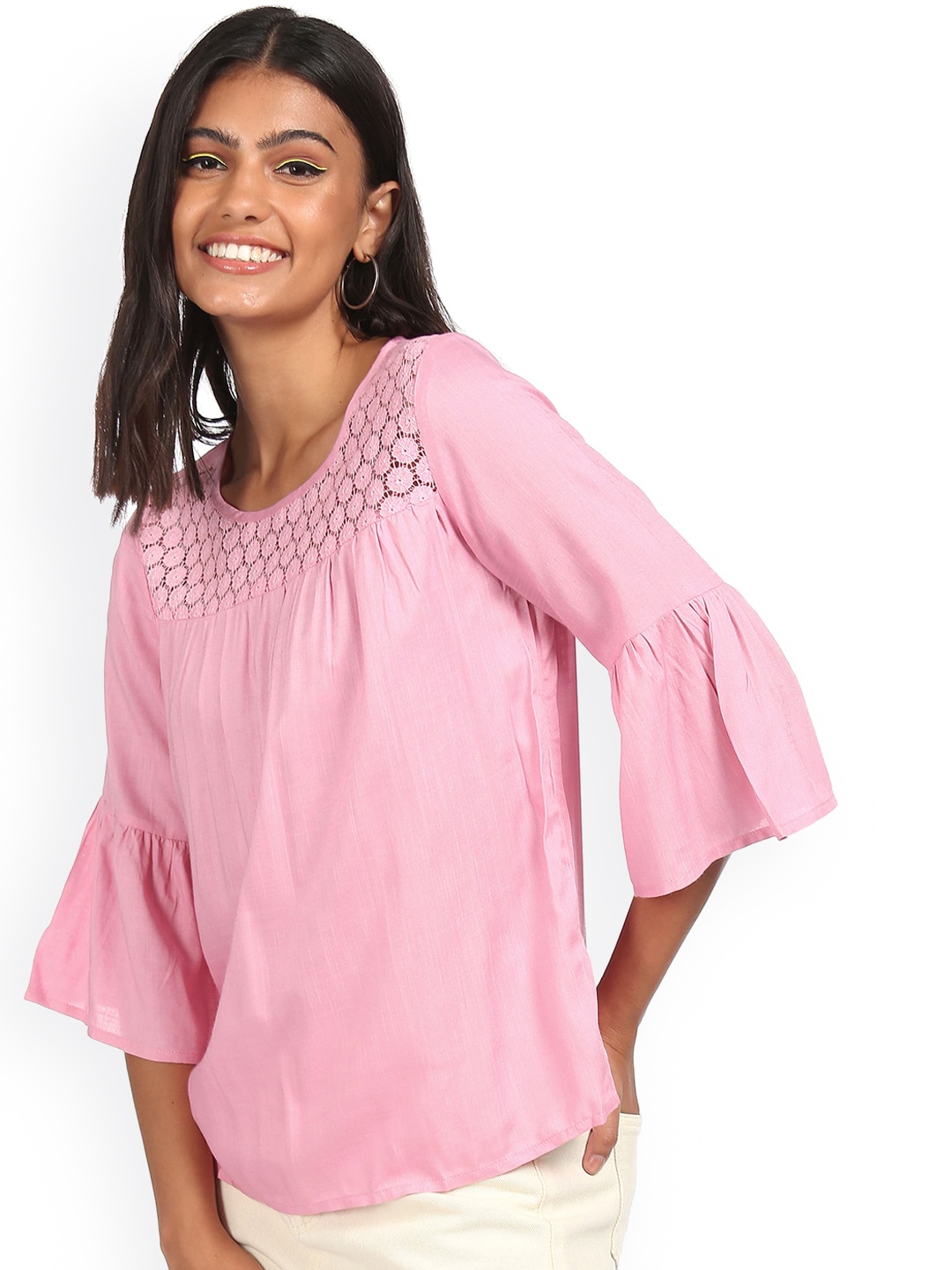 

Sugr Pink Lace Panel Bell Sleeve Top