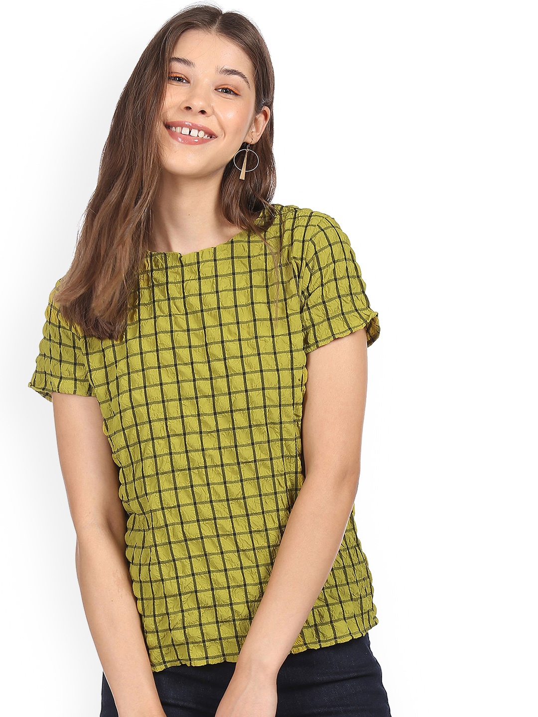 

Sugr Women Green Round Neck Crinkled Top