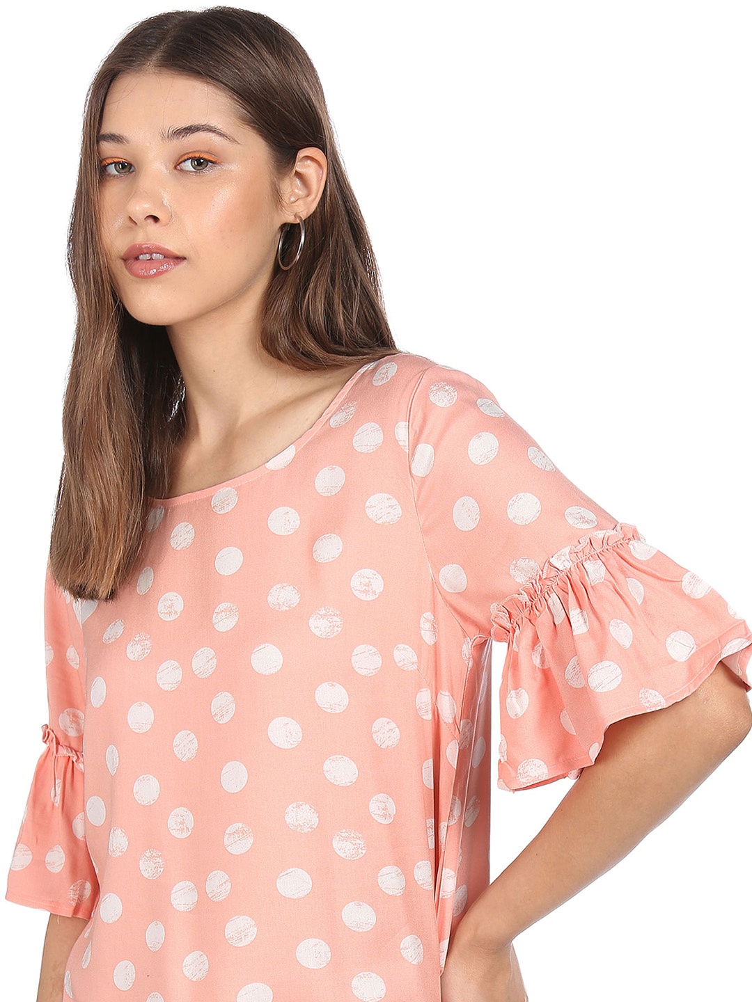 

Sugr Peach-Coloured Bell Sleeve Polka Dot Print Top