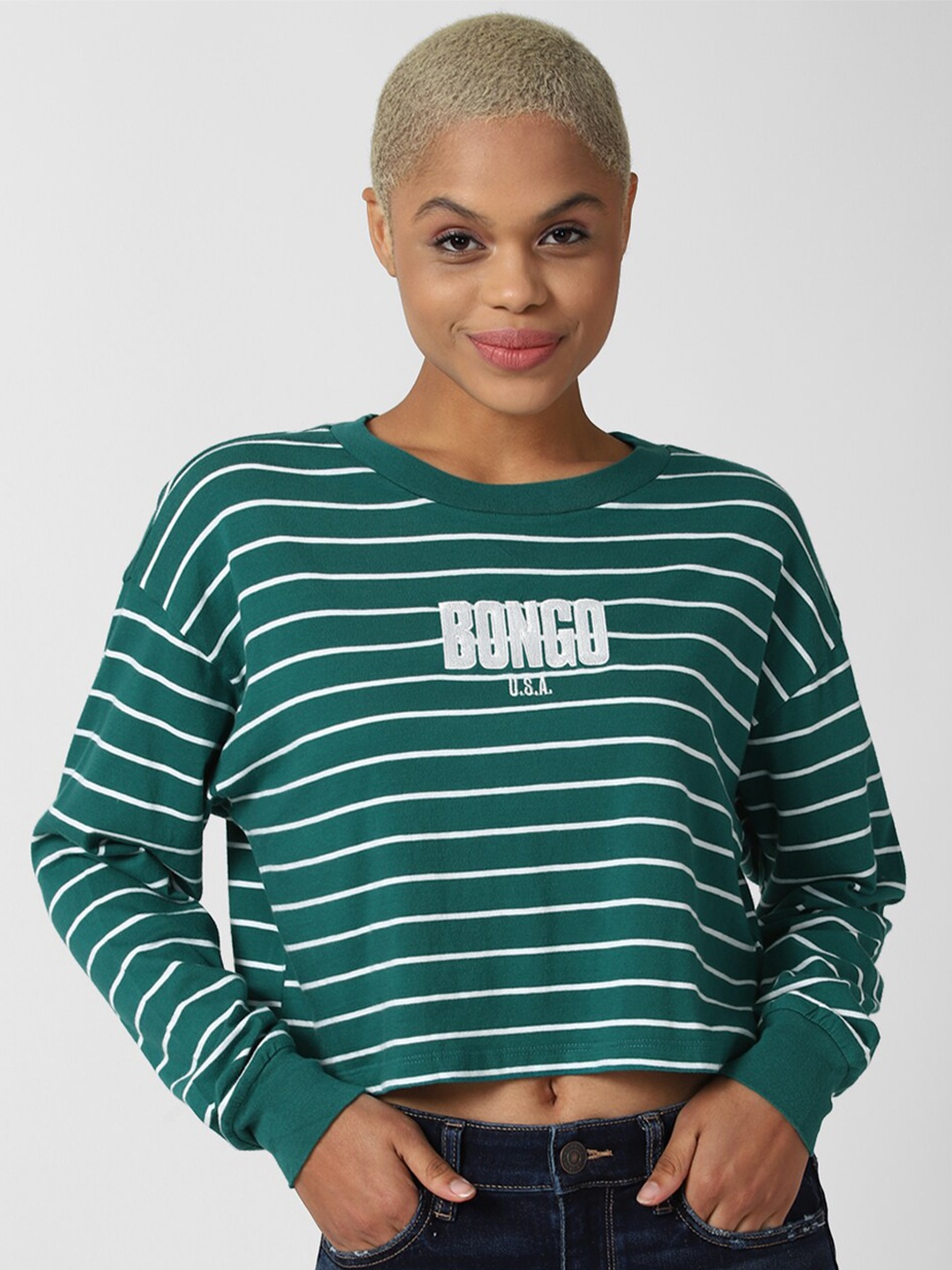 

FOREVER 21 Women Green Striped Crop T-shirt