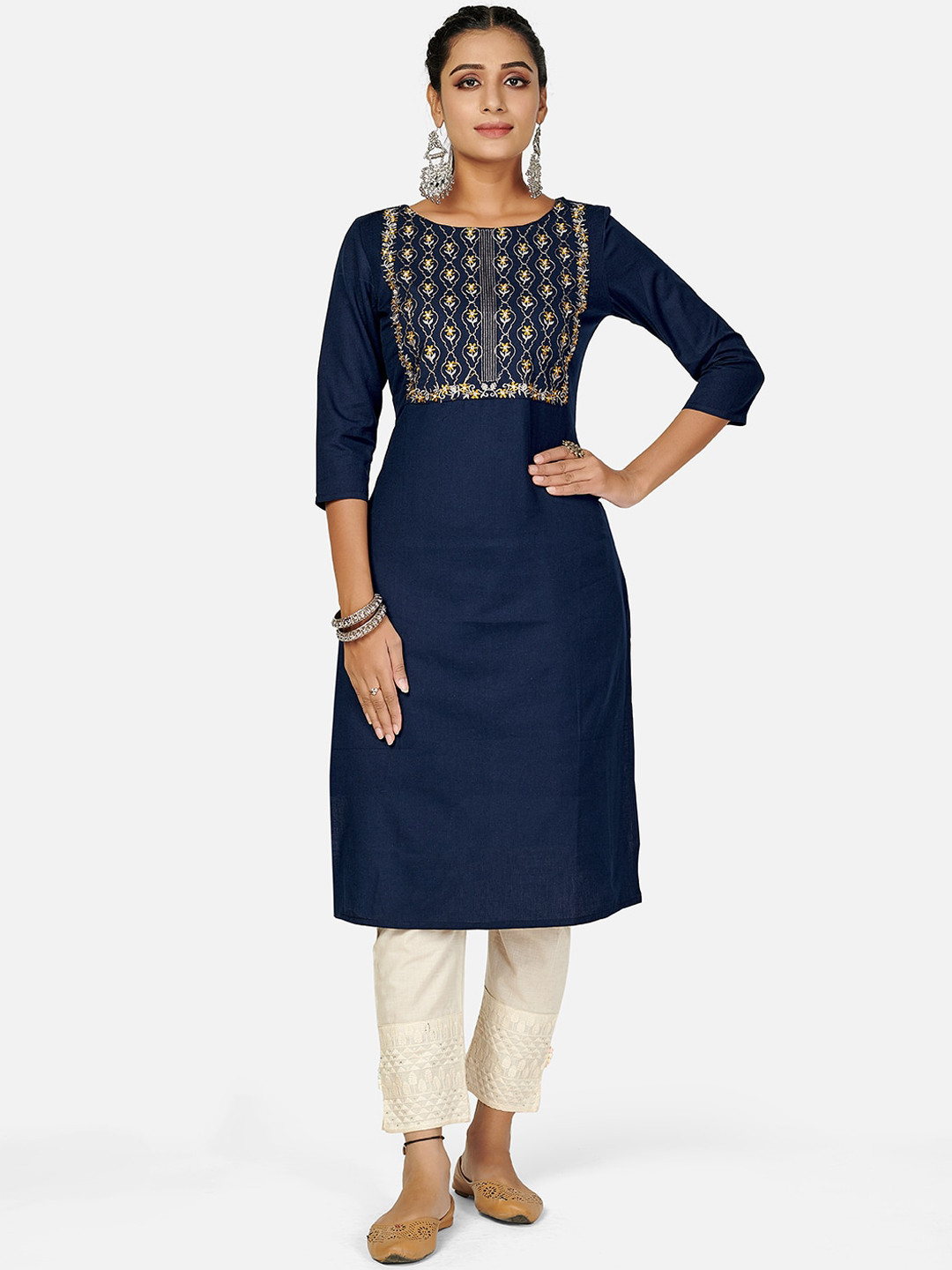 

Vbuyz Women Blue & Gold-Toned Ethnic Motifs Yoke Design Kurta
