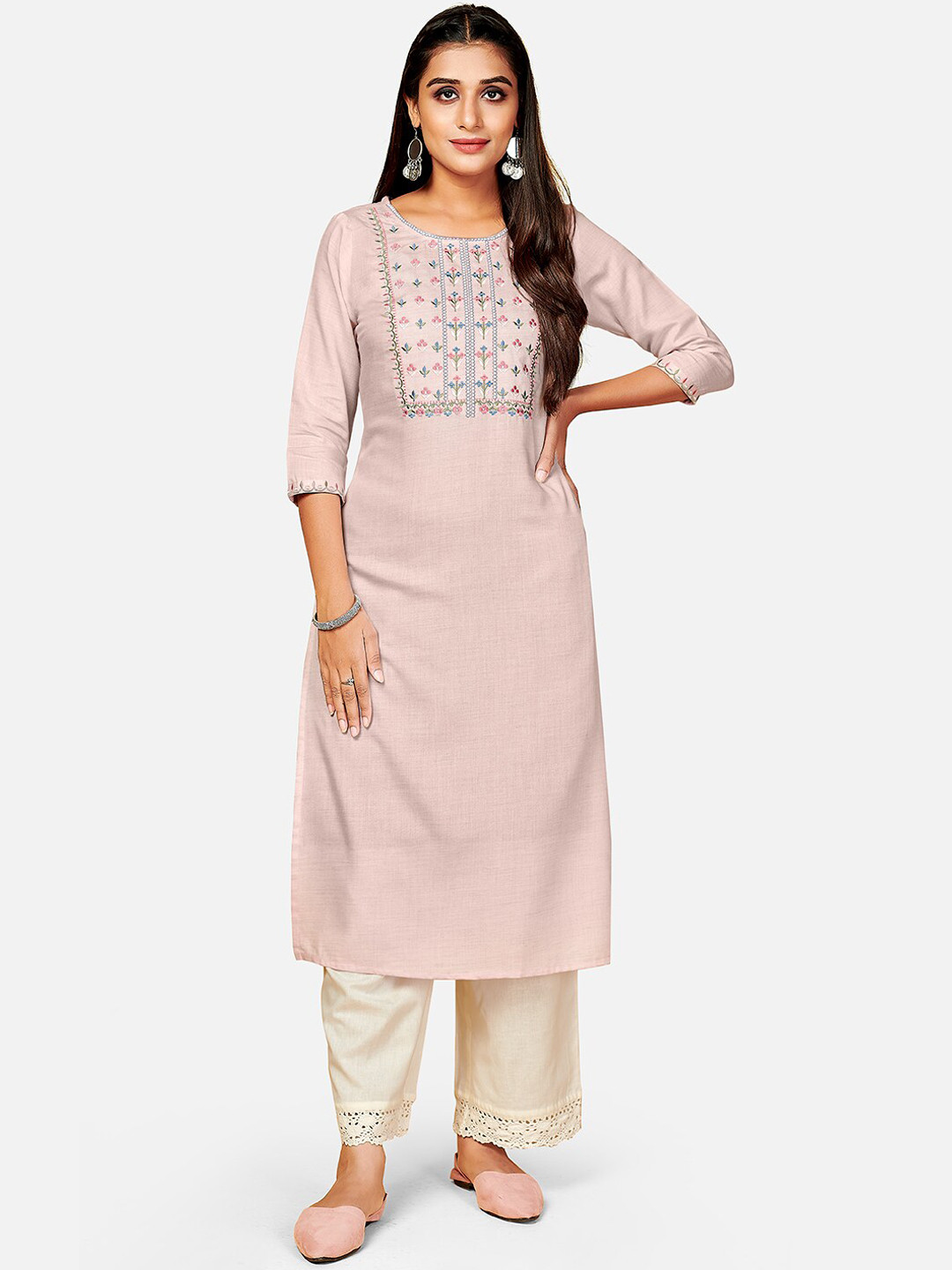 

Vbuyz Women Pink Yoke Design Flared Sleeves Thread Work Kurta