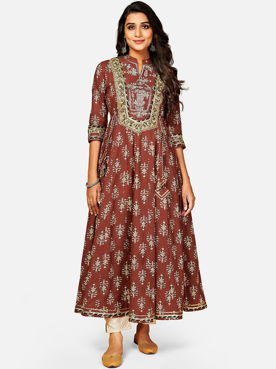 

Vbuyz Women Brown & Beige Ethnic Motifs Printed Thread Work Cotton Anarkali Kurta
