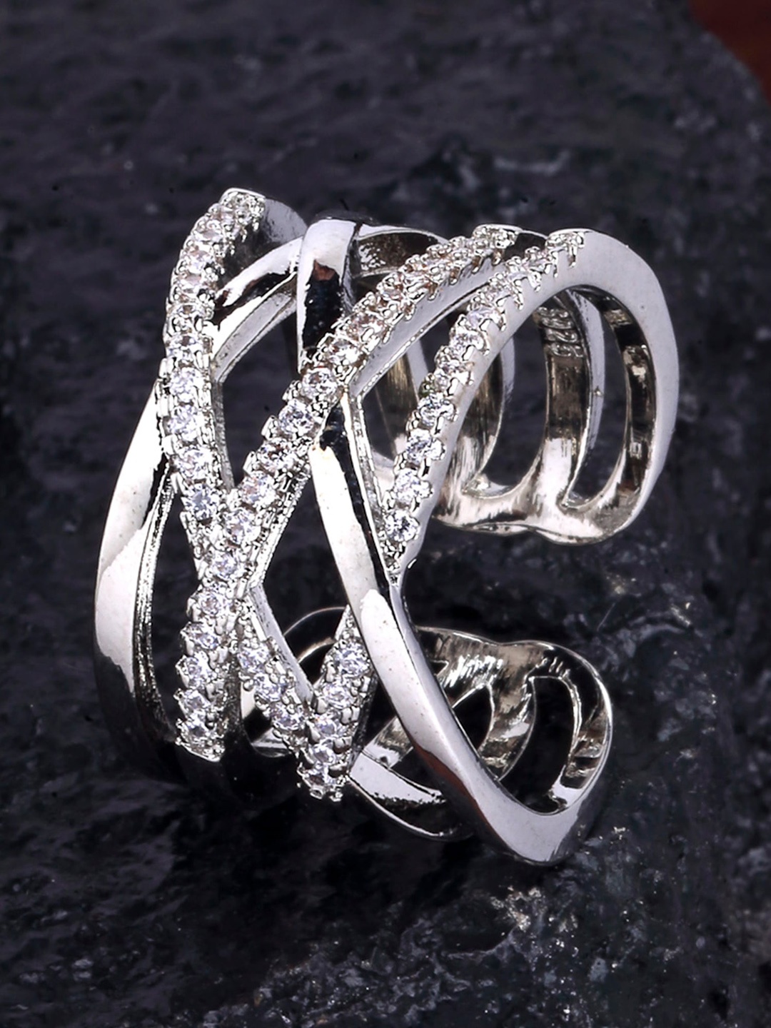 

KARATCART Silver-Plated White Austrian Crystal-Studded Finger Ring