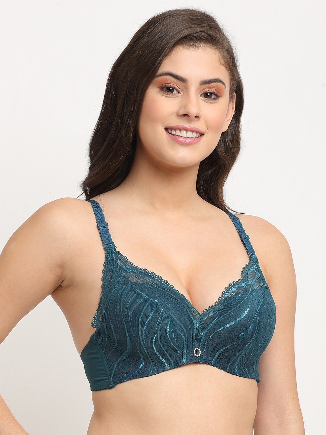 

MAKCLAN Green Underwired Lightly Padded Plunge Bra
