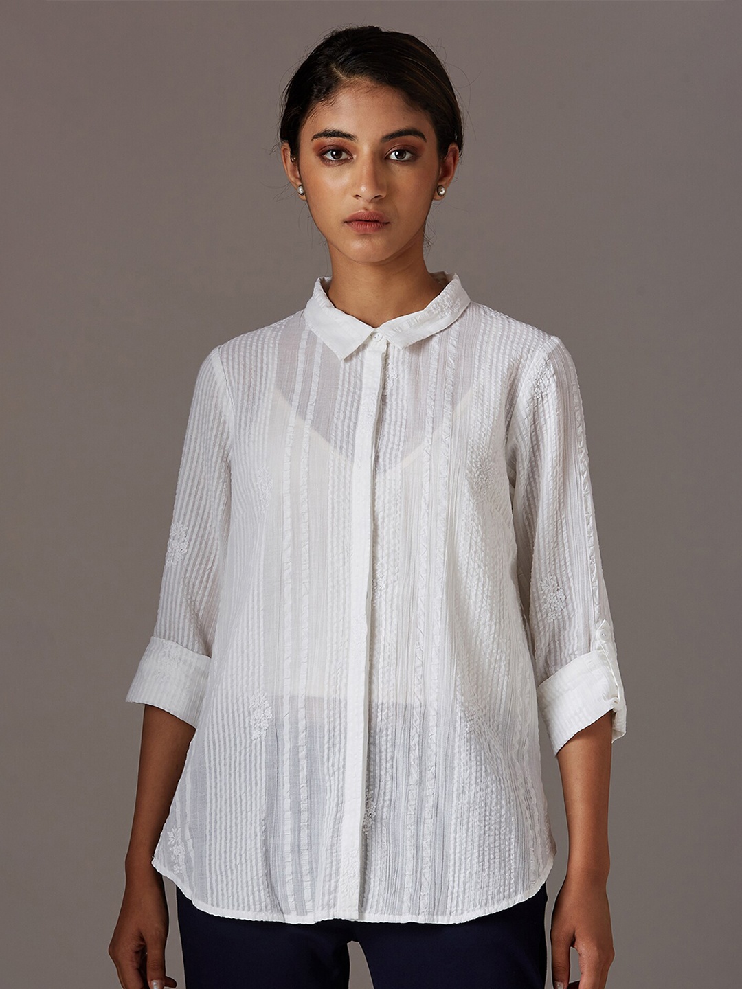 

W Women White Opaque Striped Casual Shirt