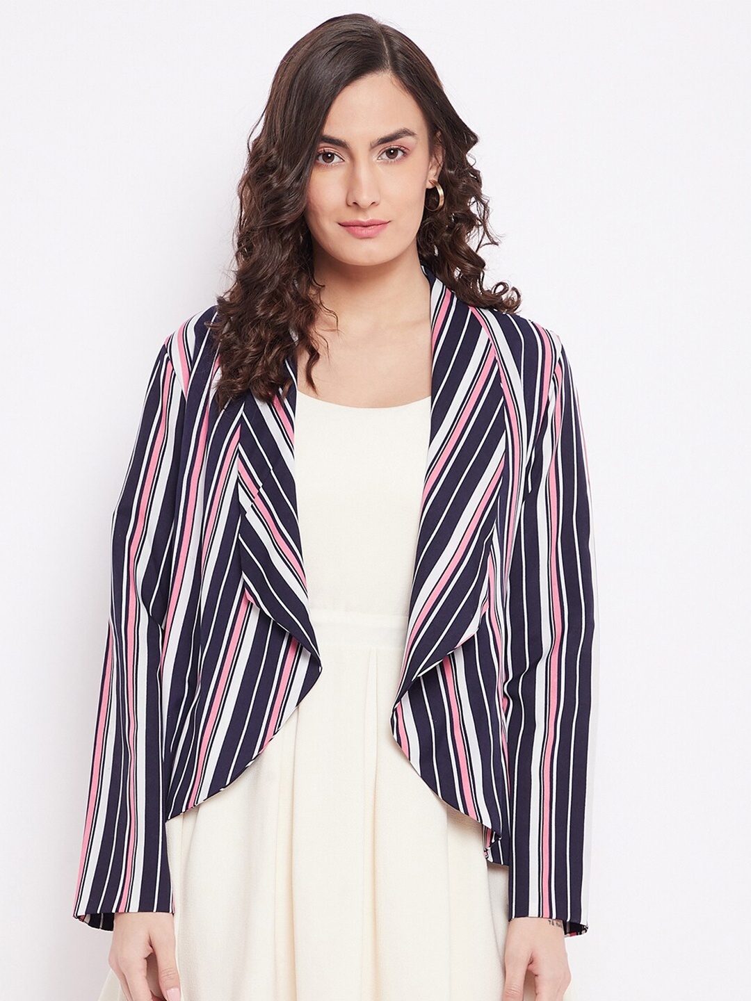 

PURYS Women Navy Blue & Pink Striped Shrug