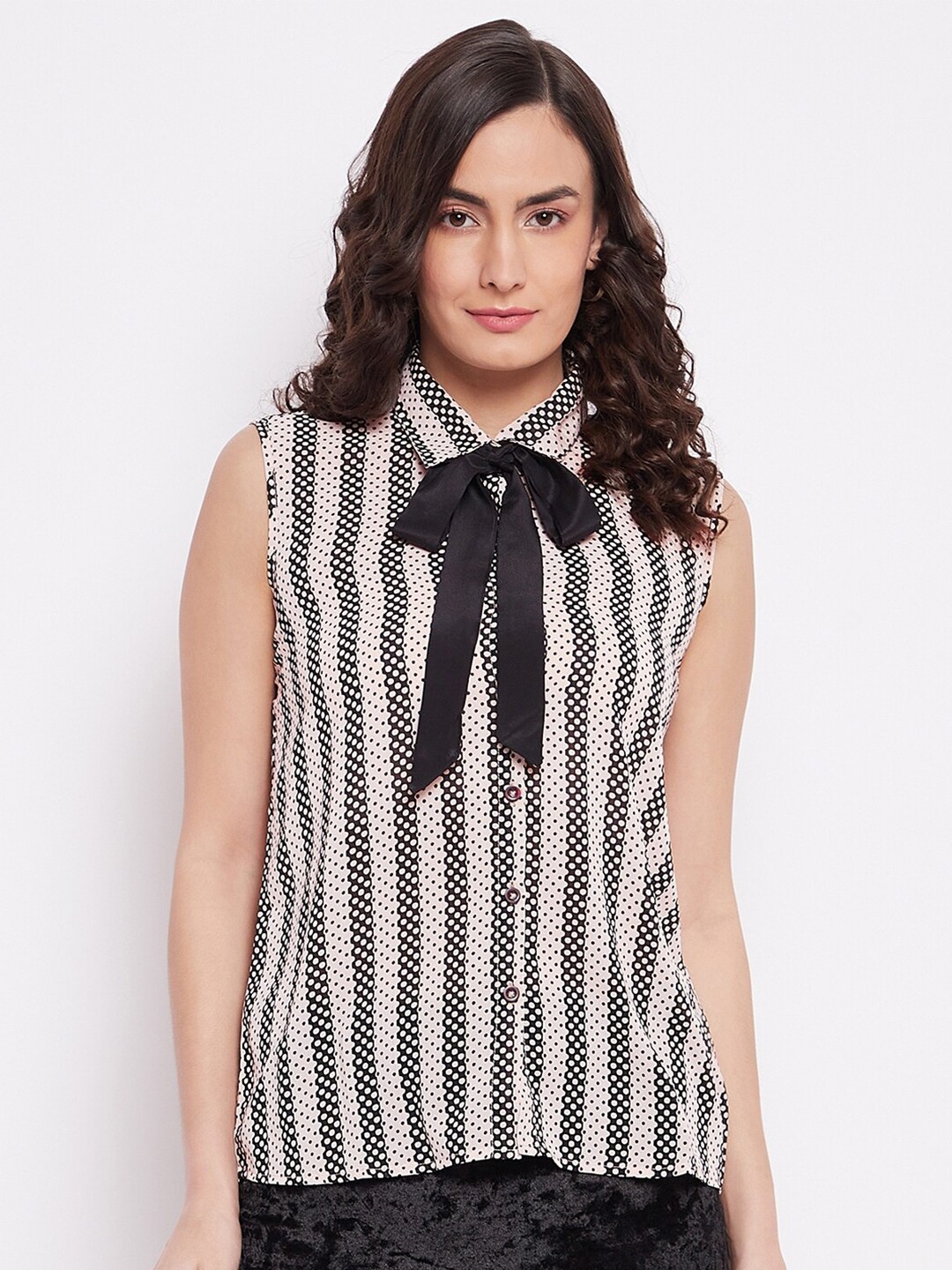 

PURYS Black & Cream-Coloured Geometric Tie-Up Neck Georgette Shirt Style Top