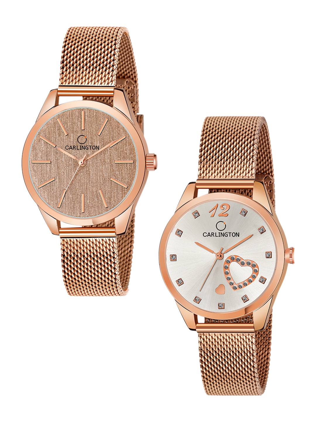 

CARLINGTON Women Rose-Gold Set Of 2 Embellished Bracelet Style Analogue Watch