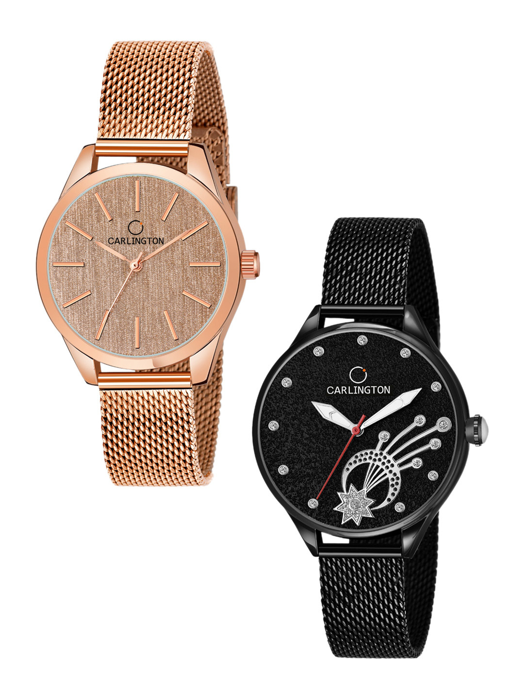 

CARLINGTON Women Pack Of 2 Analogue Watch CT2001 RoseGold-CT2020 Black, Rose gold