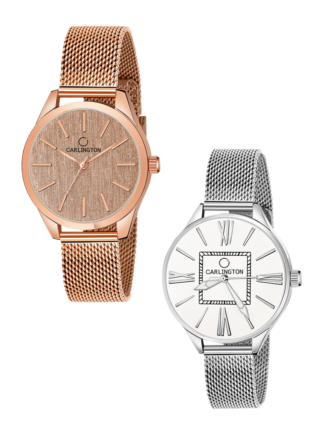 

CARLINGTON Women Pack Of 2 Analogue Watch CT2001 RoseGold-CT2015 Silver, Rose gold