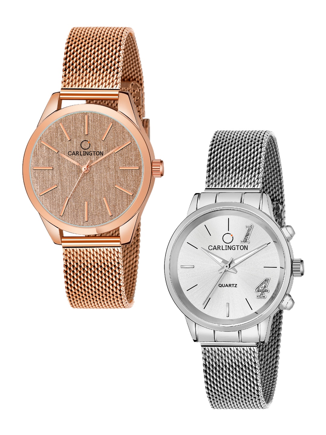 

CARLINGTON Women Set Of 2 Analogue Watch CT2001 RoseGold-CT2012 Silver, Rose gold