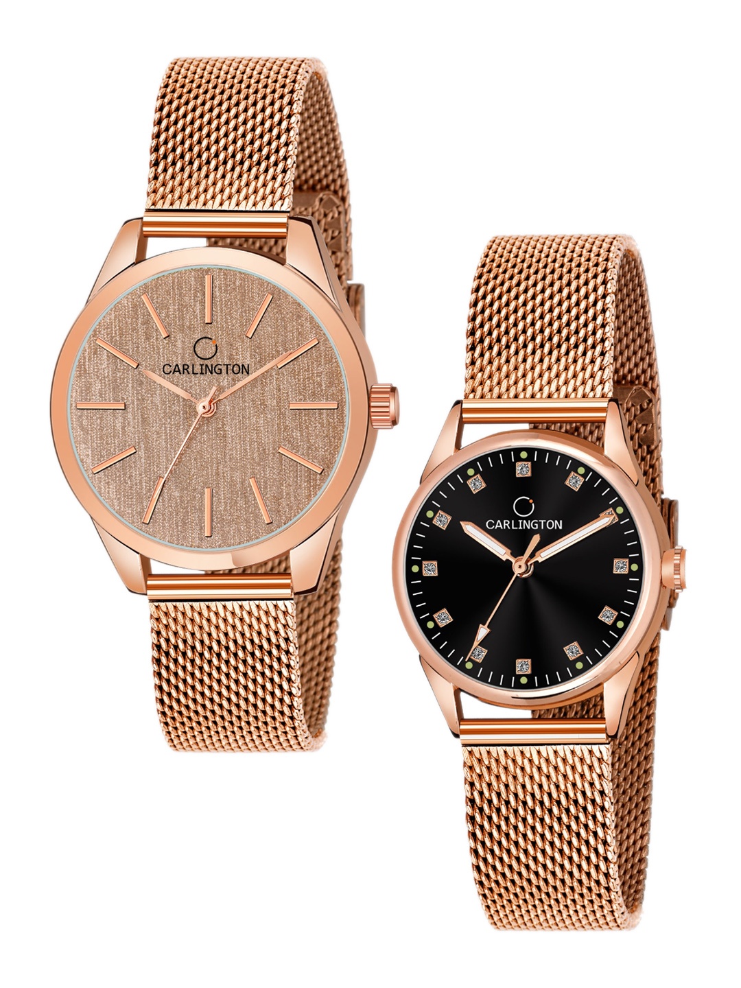 

CARLINGTON Women Set of 2 Analogue Watch - CT2001 RoseGold-CT2003 RoseBlack, Gold