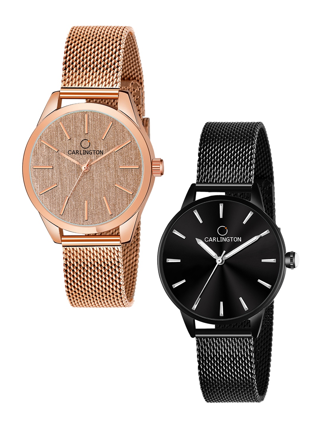 

CARLINGTON Women Pack of 2 Stainless Straps Analogue Watch CT2001 RoseGold-CT2007 Black, Rose gold