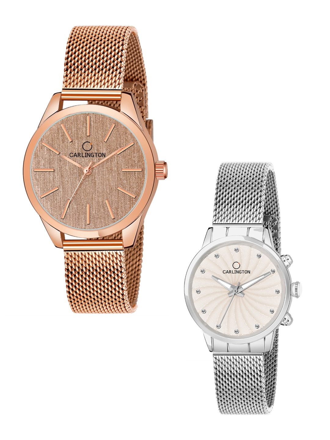 

CARLINGTON Women Set Of 2 Analogue Watch CT2001 RoseGold-CT2017 Silver, Rose gold