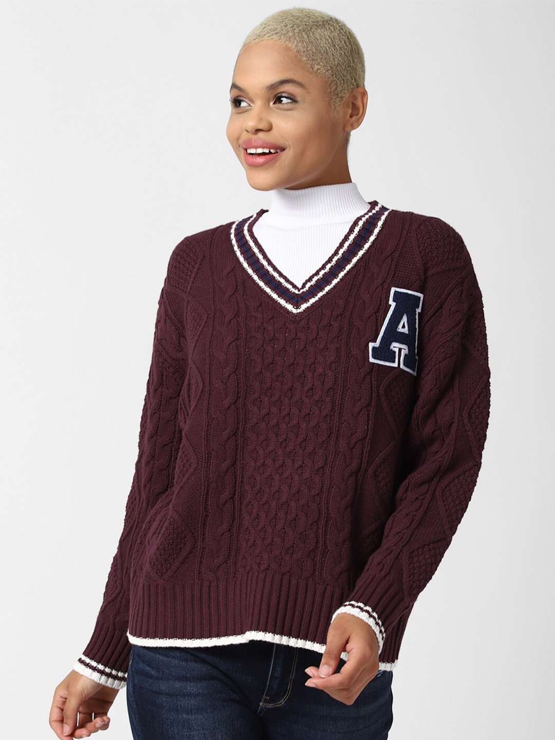 

FOREVER 21 Women Maroon Cable Knit Pullover