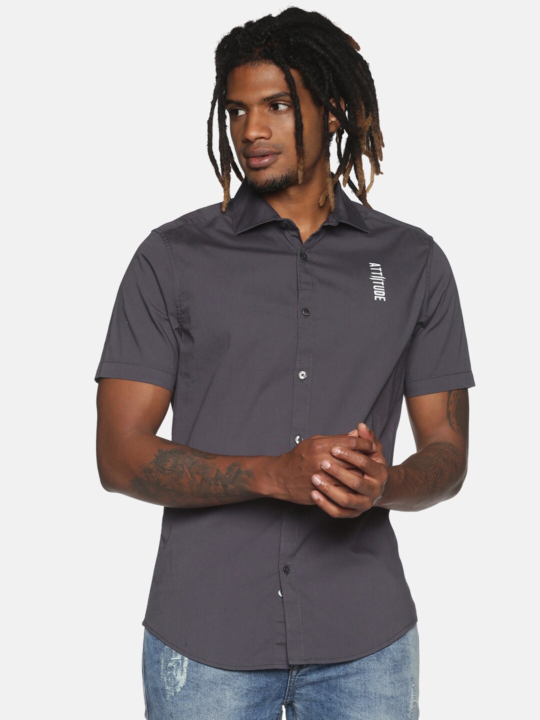 

ATTIITUDE Men Grey Solid Slim Fit Casual Shirt