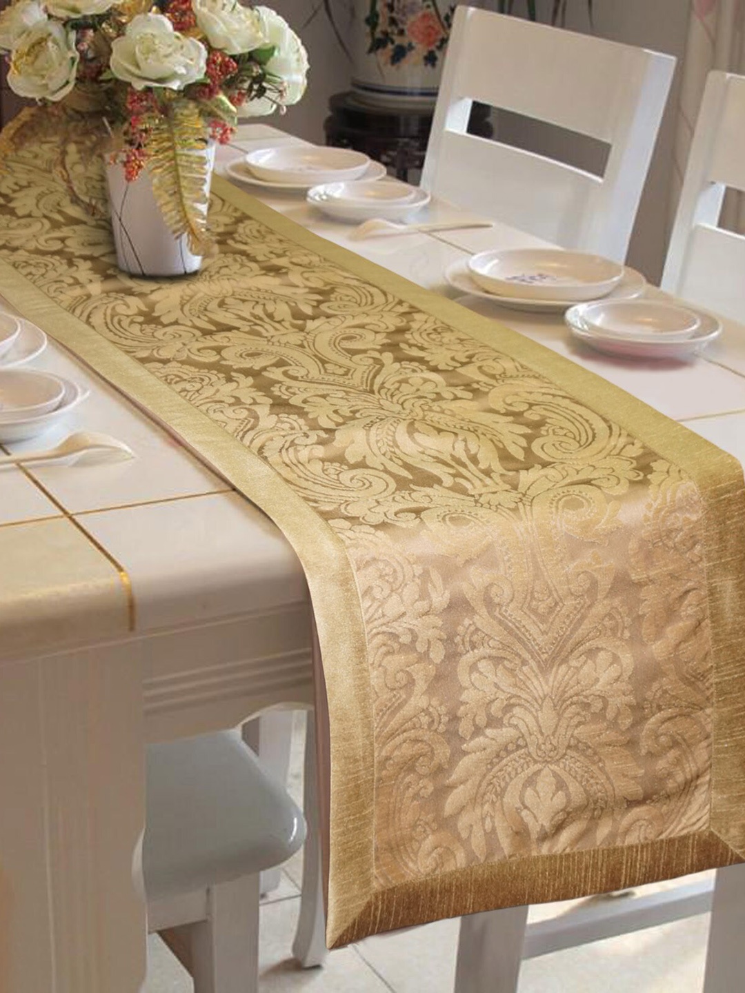 

Lushomes Gold Coloured Patterned Jacquard Table Runner, Multi