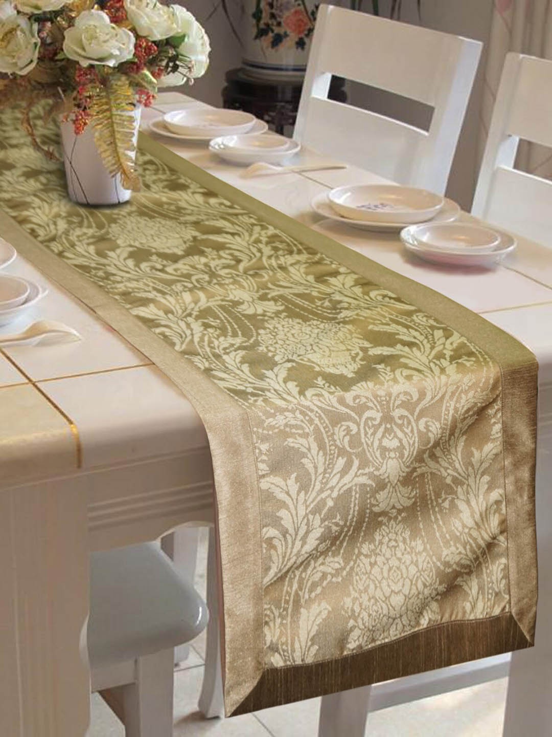 

Lushomes Beige & Gold Self-Design Table Runner