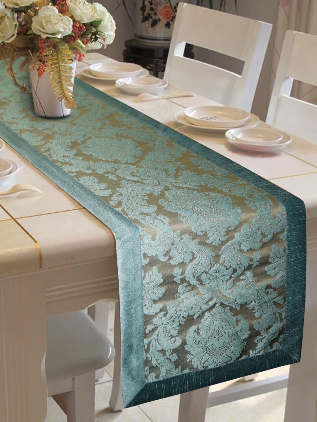 

Lushomes Teal Blue & Gold-Coloured Self-Design Jacquard Table Runner