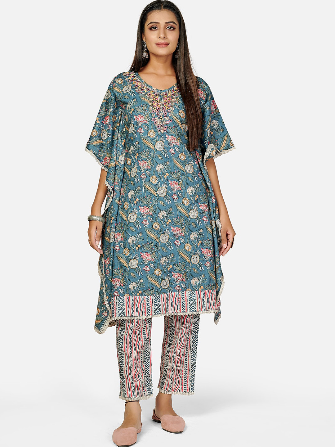 

Vbuyz Women Turquoise Blue Floral Printed Layered Thread Work Pure Cotton Kurti with Trousers