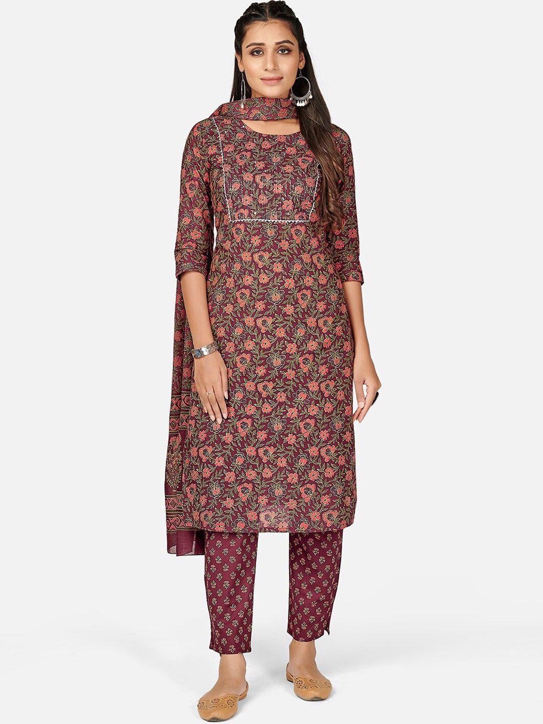 

Vbuyz Women Purple Ethnic Motifs Printed Regular Pure Cotton Kurta with Trousers & Dupatta