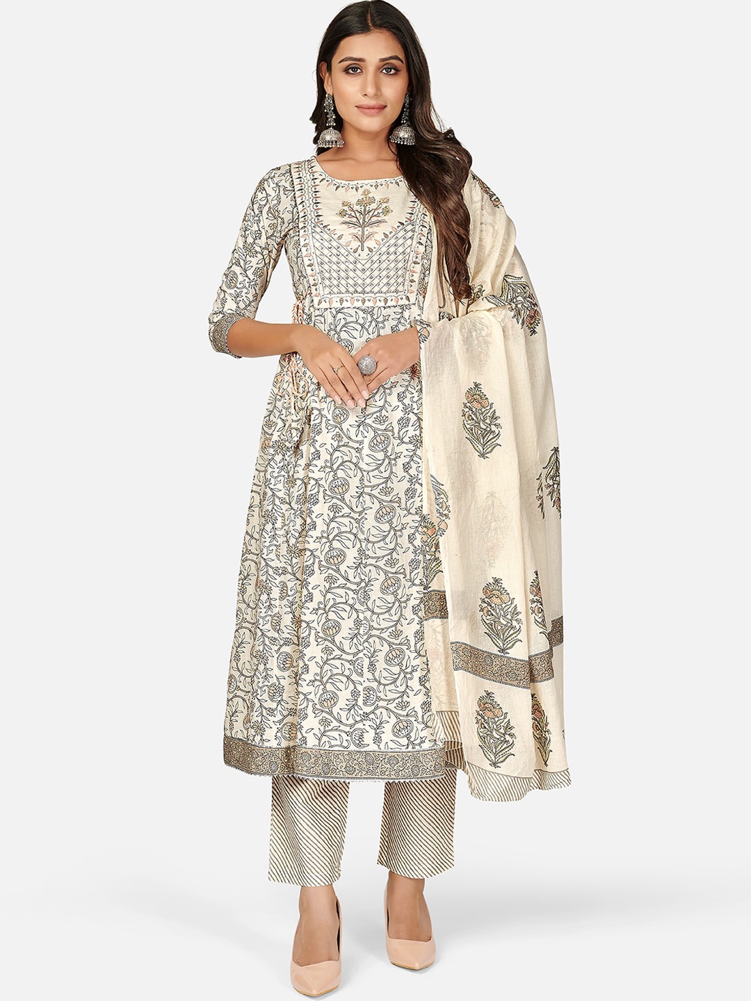 

Vbuyz Women Beige & Black Ethnic Motifs Printed Pure Cotton Kurta With Trousers & Dupatta