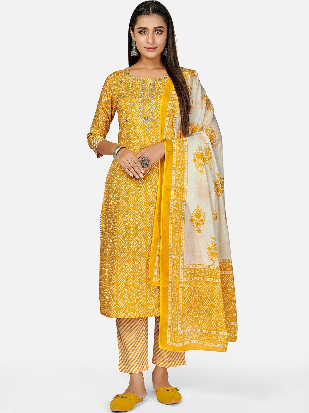 

Vbuyz Women Yellow Ethnic Motifs Printed Pure Cotton Kurta with Trousers & With Dupatta