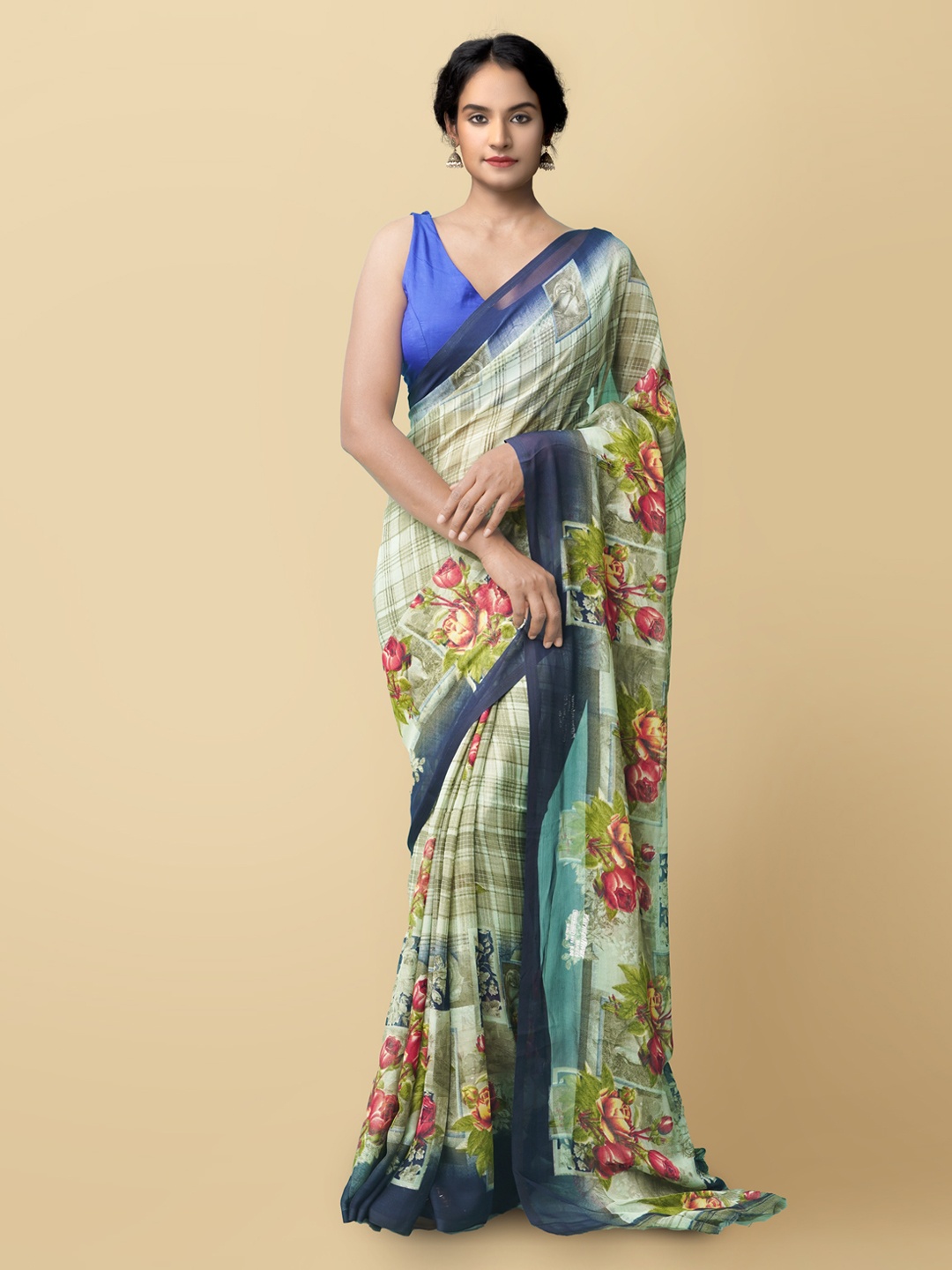 

Unnati Silks Green & Red Floral Block Print Saree