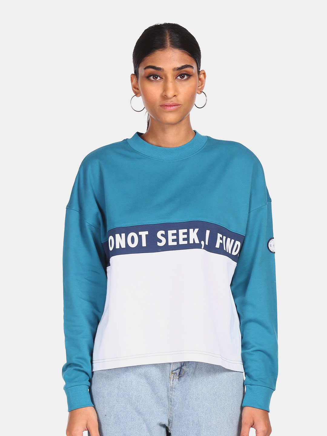 

Flying Machine Women Blue & White Cotton Printed Sweatshirts