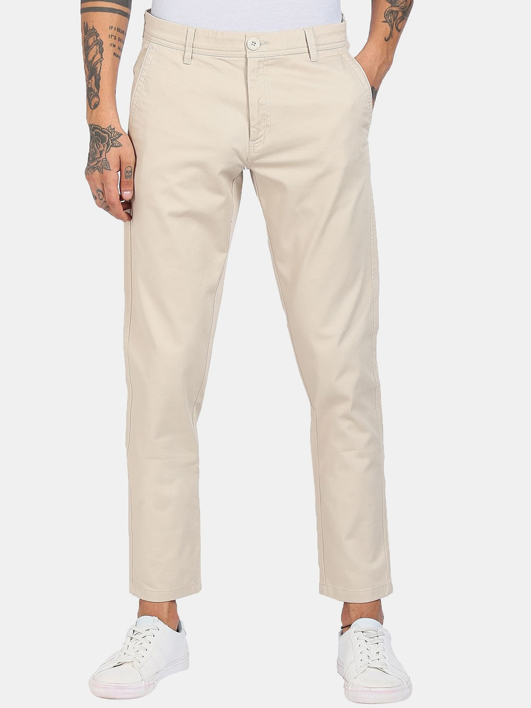 

Ruggers Men Beige Solid Cotton Regular Trousers