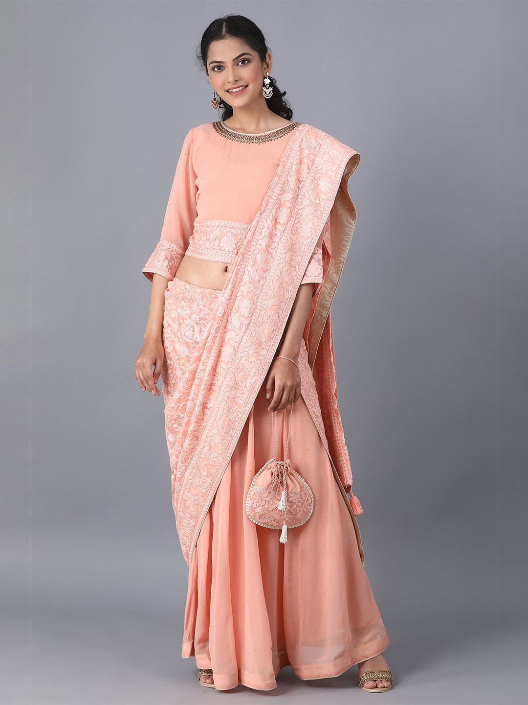 

WISHFUL Women Pink & White Embroidered Crop Top with Skirt