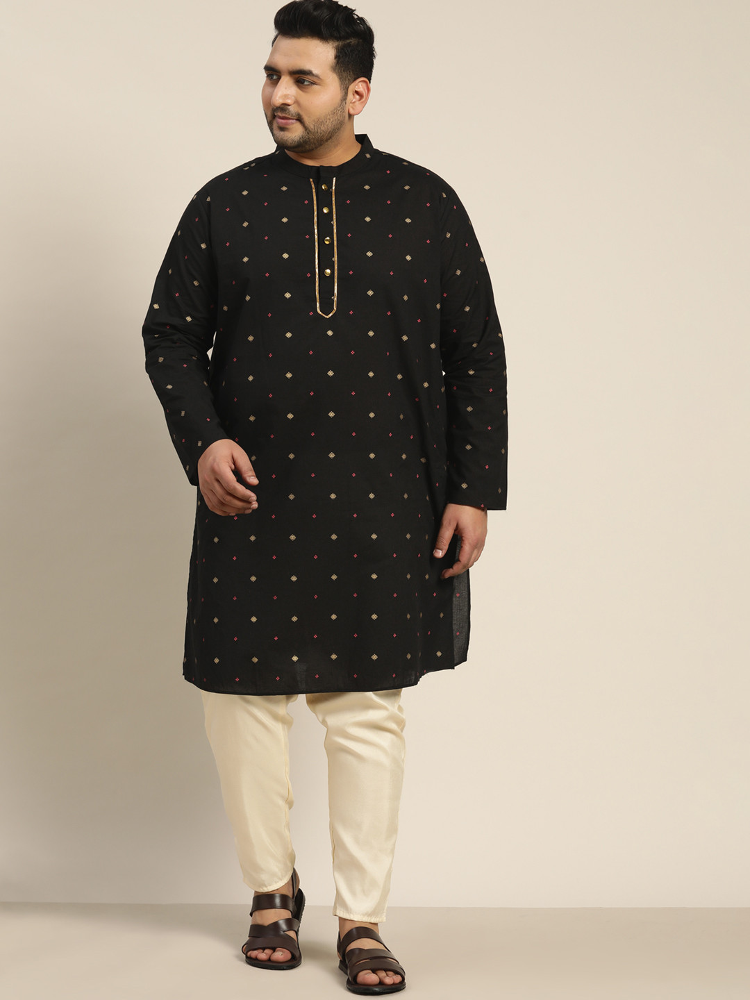 

Sztori Men Plus Size Black & Golden Geometric Printed Pure Cotton Kurta