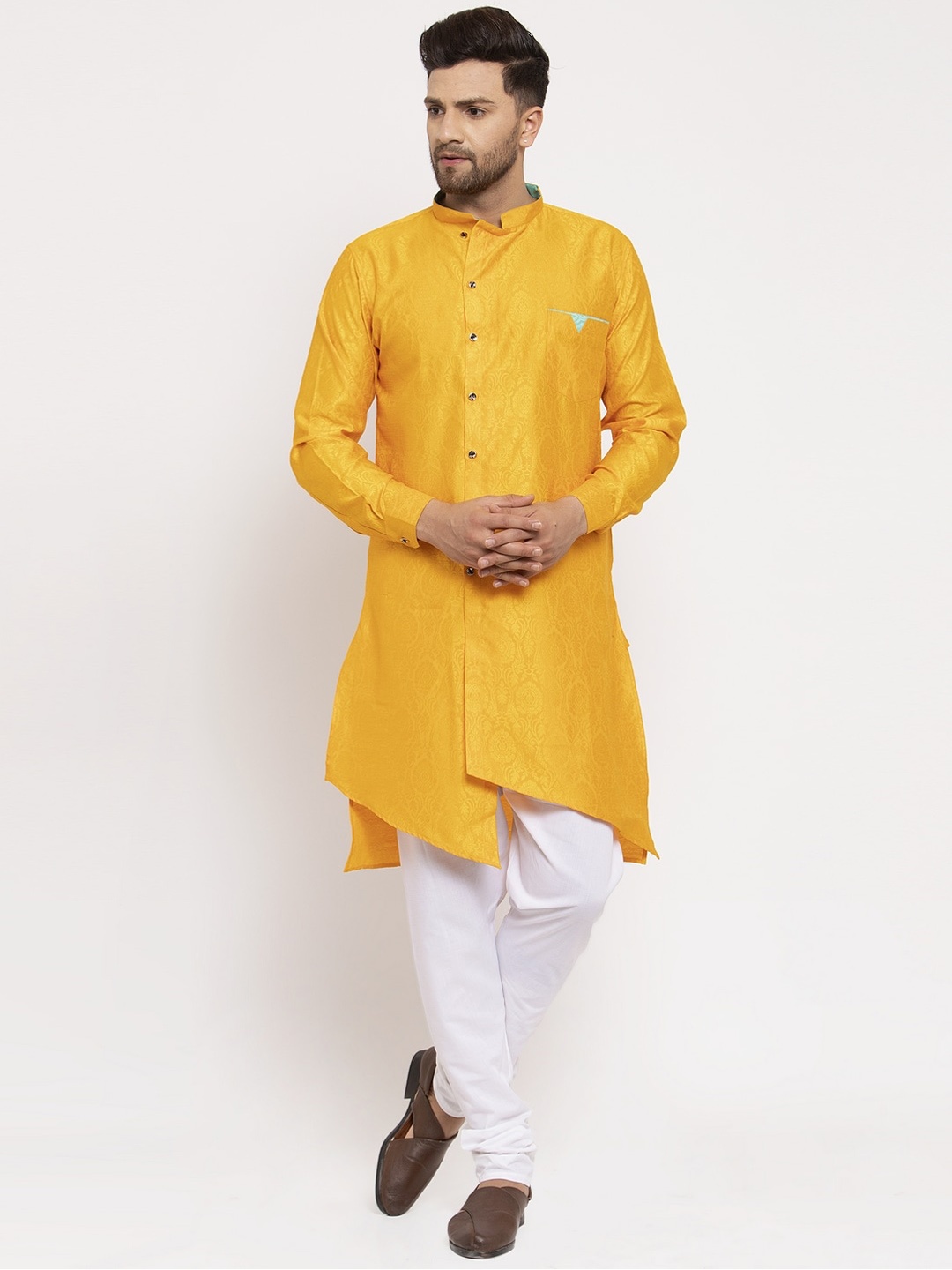 

KLOTTHE Men Yellow Thread Work Asymmetric Pathani Kurta