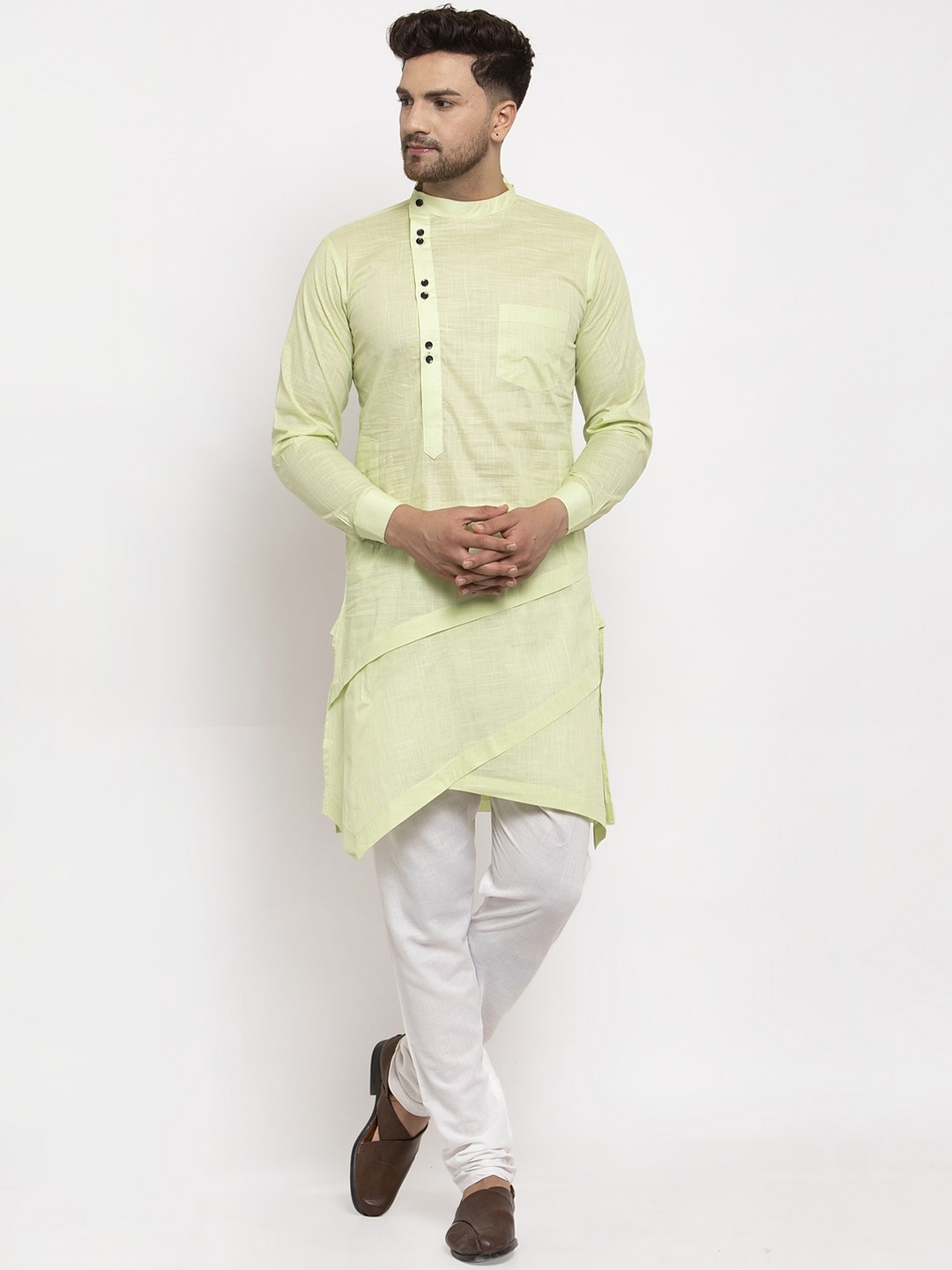 

KLOTTHE Men Green Thread Work Asymmetric Kurta