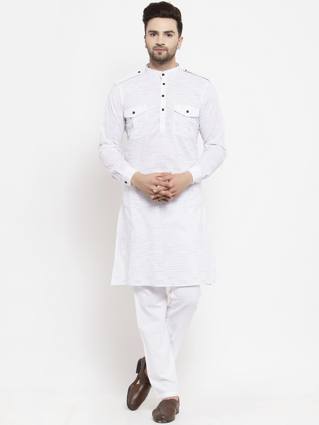 

KLOTTHE Men White Checked Thread Work Pathani Kurta