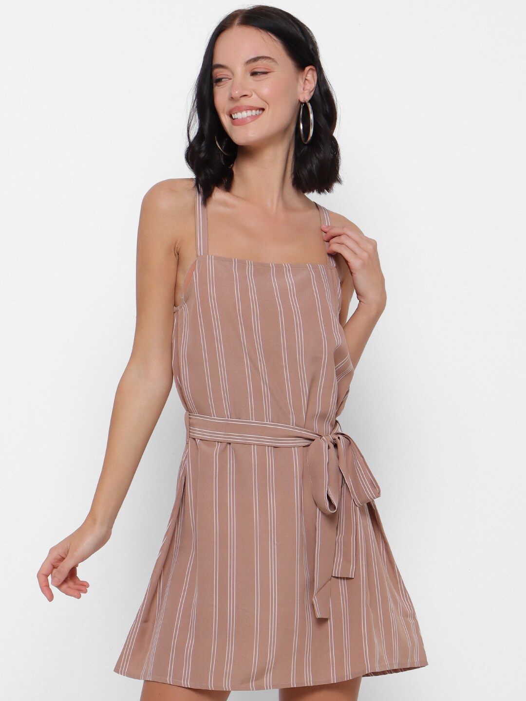 

FOREVER 21 Beige Striped A-Line Belted Dress